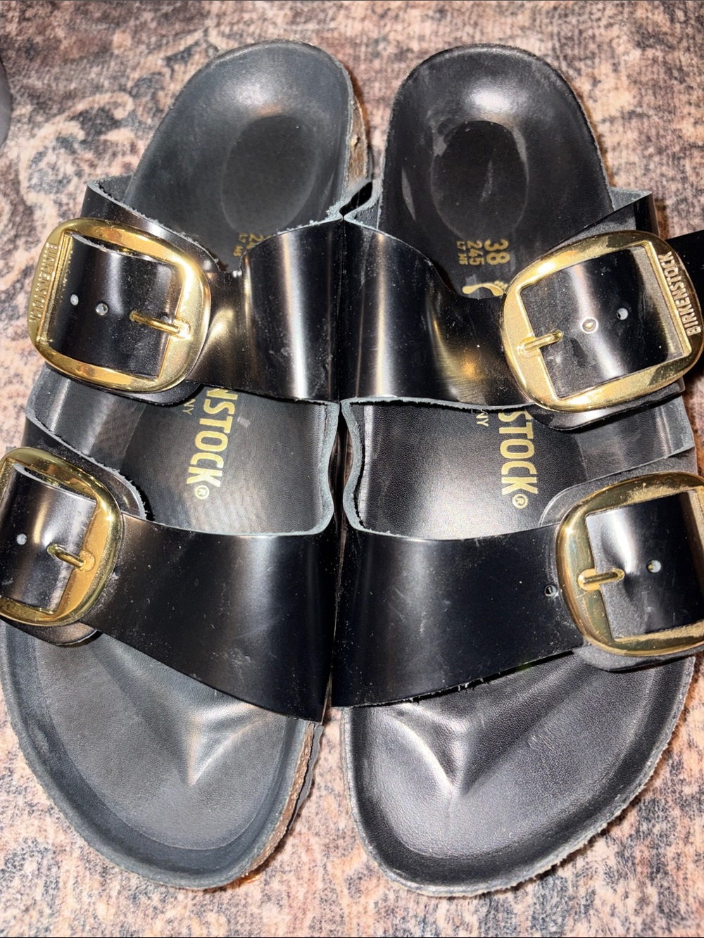 Birkenstock Black Patent Leather Double-Buckle Sandals with Gold Buckles